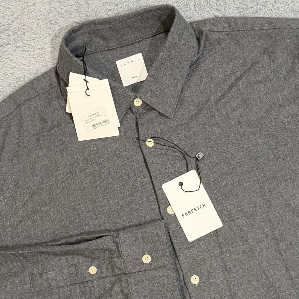 Sandro Paris Men's XL Button Up Shirt Flannel Flecked Gris Chine Charcoal Gray